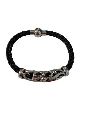 Vintage Black Braided Leather Magnetic Bracelet Silver Tone Scroll Accent 8”
